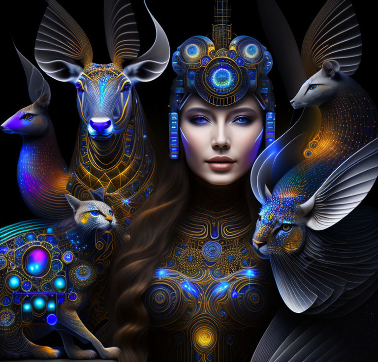 Digital artwork of woman with futuristic headdress and stylized animals on black background