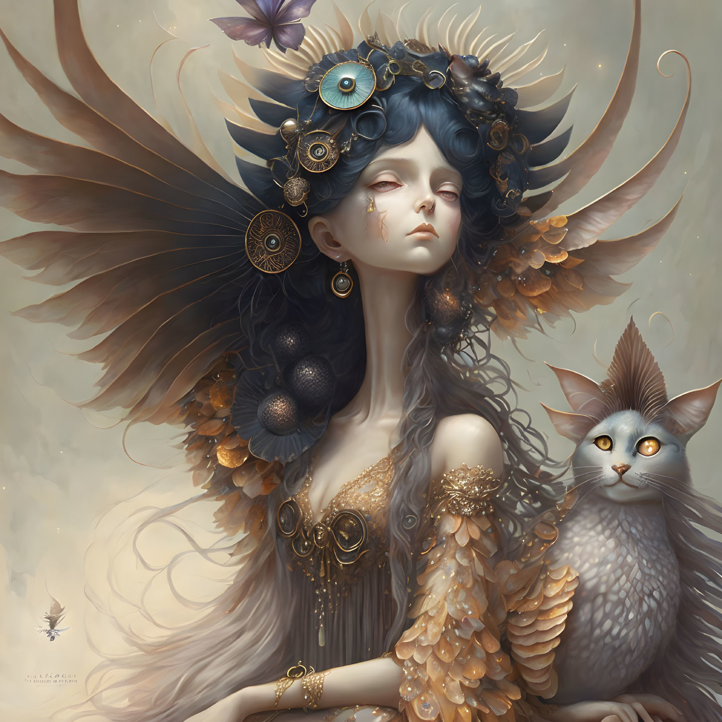 Fantastical female figure with blue hair and ornate golden accessories alongside whimsical cat with matching eye