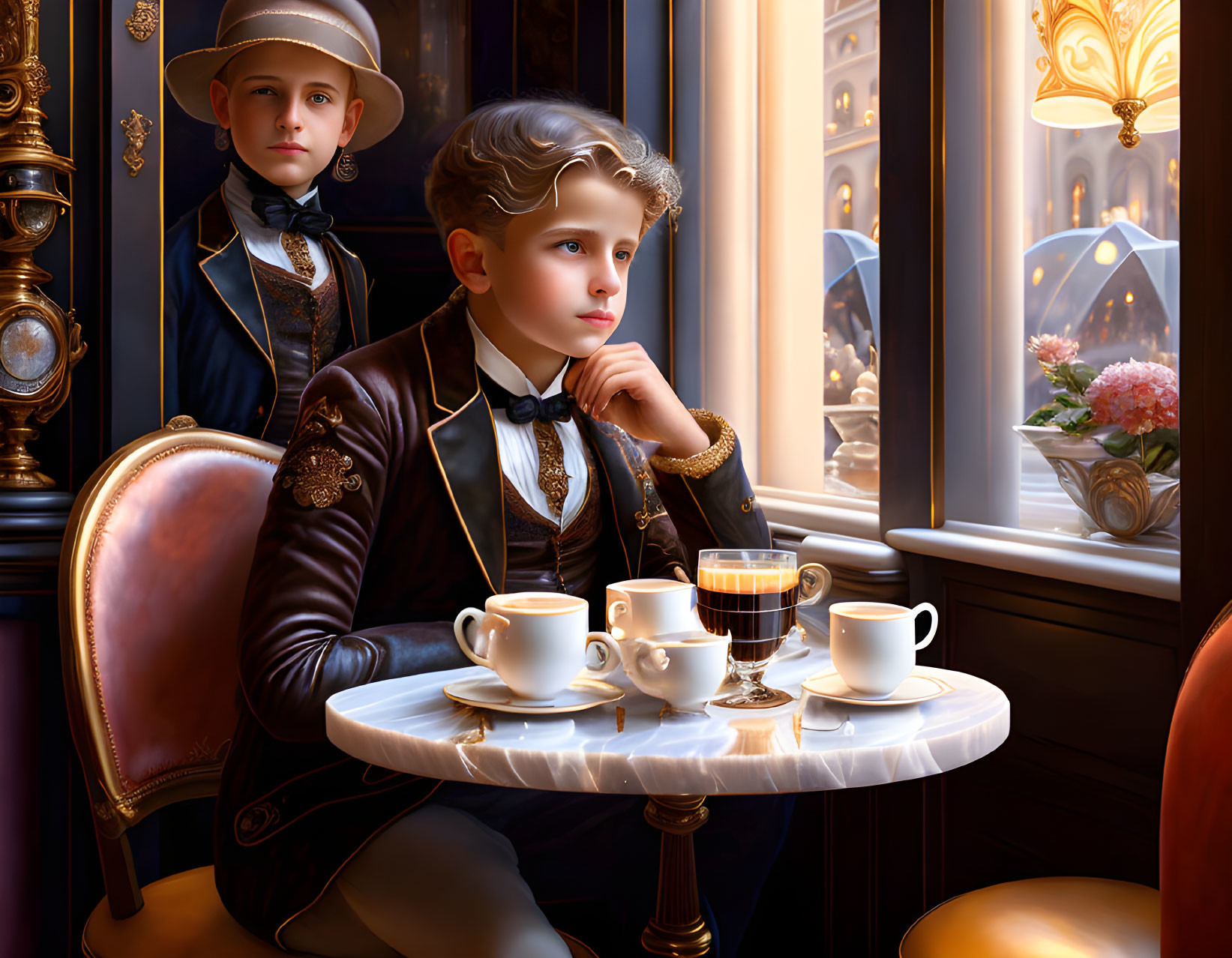 Two elegantly dressed young boys in a posh cafe, one sitting at a table with coffee cups