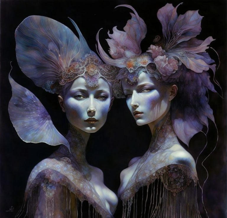 Ethereal female figures with elaborate headdresses and wing-like adornments