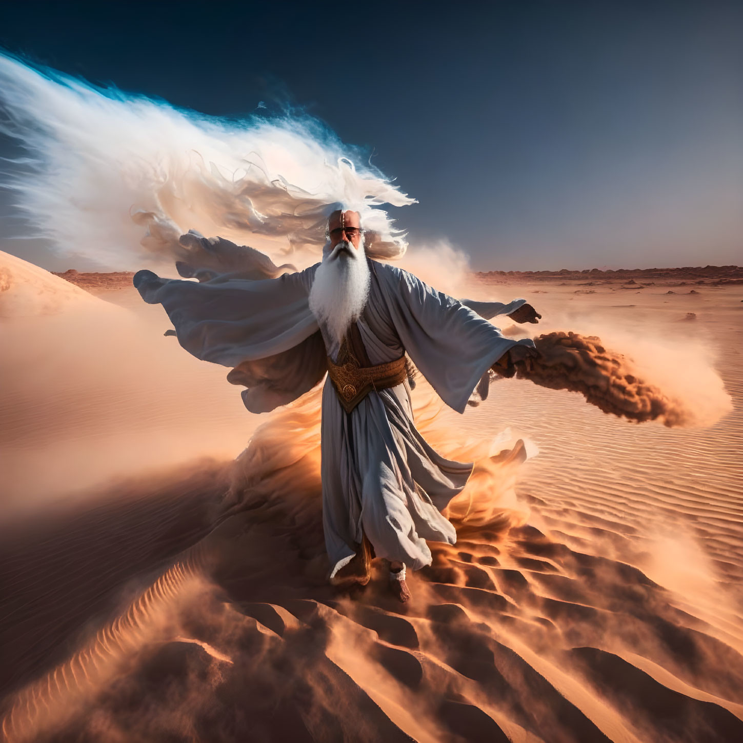 Bearded figure in white robe casting sand cloud in desert landscape