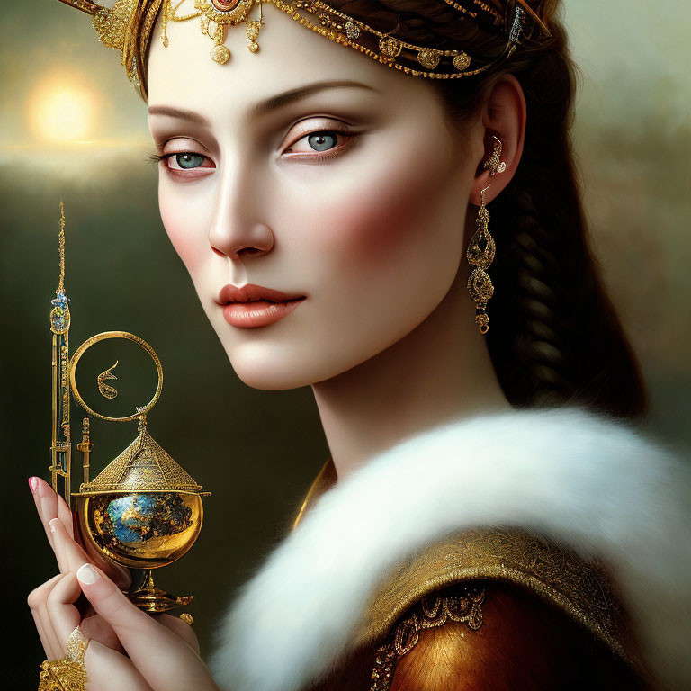 Regal woman with crown and astrolabe on golden background
