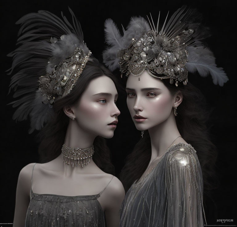 Two women in feathered headpieces and shimmering dresses on dark background