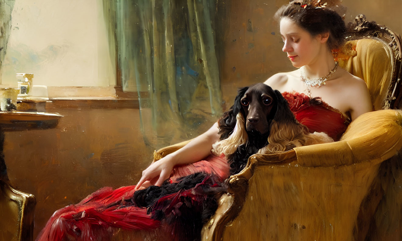 Woman in Red Dress with Ornate Necklace Holding Black Spaniel on Gold Armchair