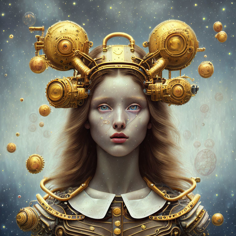 Steampunk-style helmet woman with mechanical details and golden orbs in starry sky