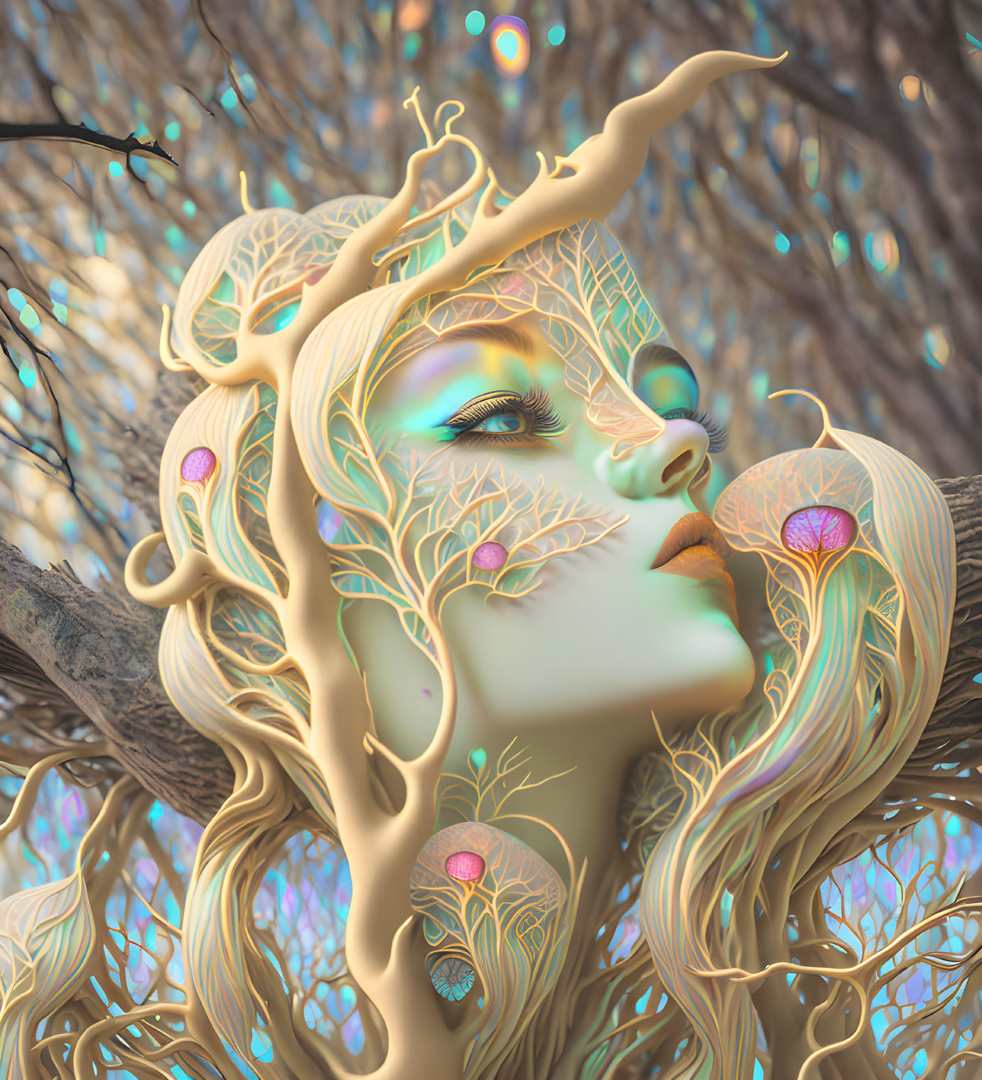 Surreal image: Woman's face merges with vibrant tree branches and leaves