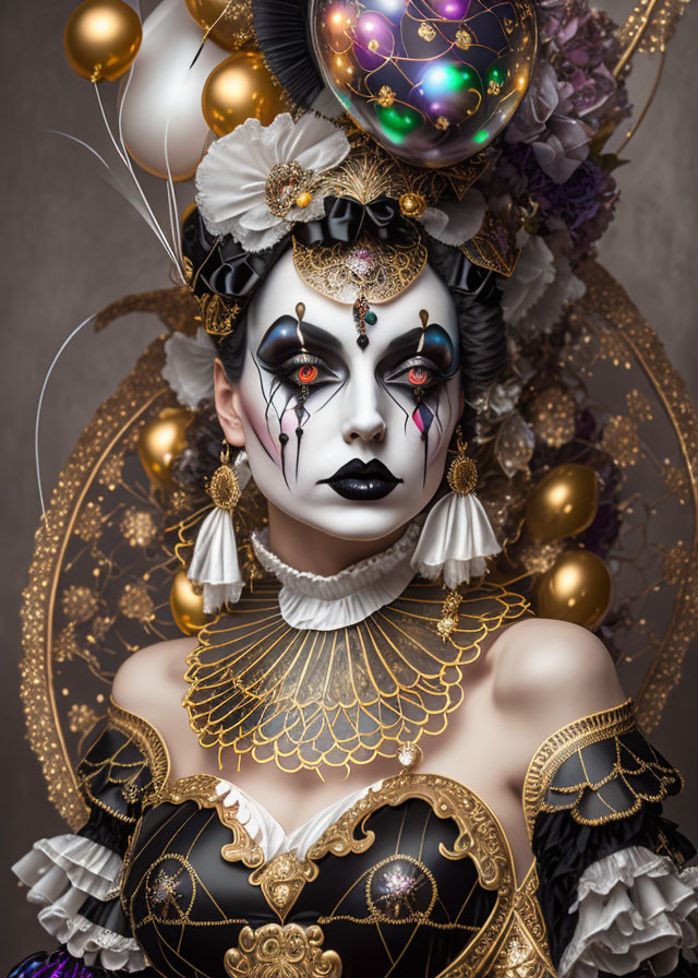 Theatrical makeup and costume with black, gold, and white hues, adorned with headdress and