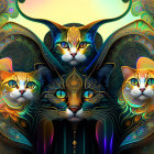 Colorful Digital Artwork: Four Stylized Cats in Psychedelic Setting