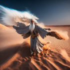 Bearded figure in white robe casting sand cloud in desert landscape