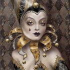 Theatrical makeup and costume with black, gold, and white hues, adorned with headdress and