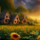 Thatched roof cottages in sunflower field at sunrise