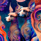 Marble-like sculpted dogs on abstract blue and purple background