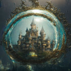 Golden Frame Surrounds Magical Sphere Showing Fantasy Castle