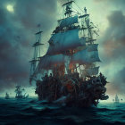 Ghostly pirate ship on fire in stormy sea with other ships and seagulls.