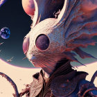 Surreal alien creature with large eyes and ornate exoskeleton under twilight sky