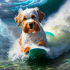 Curly-furred animated dog surfing on bright blue wave.