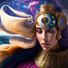 Surreal illustration of woman with globe headpiece in cosmic backdrop