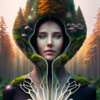 Surreal portrait of woman with cosmic complexion in forest suit