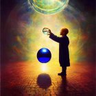 Child in coat holding glowing orb against cosmic backdrop