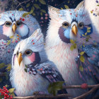 Three stylized owls with expressive eyes on branch with pink blossoms