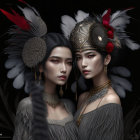 Two women in feathered headpieces and shimmering dresses on dark background