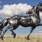 Mechanical Horse Sculpture in Steampunk Style on Cloudy Sky