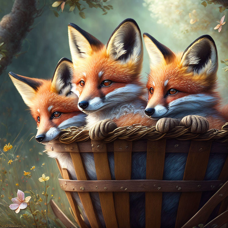 Three Foxes in Wooden Basket Surrounded by Forest Landscape