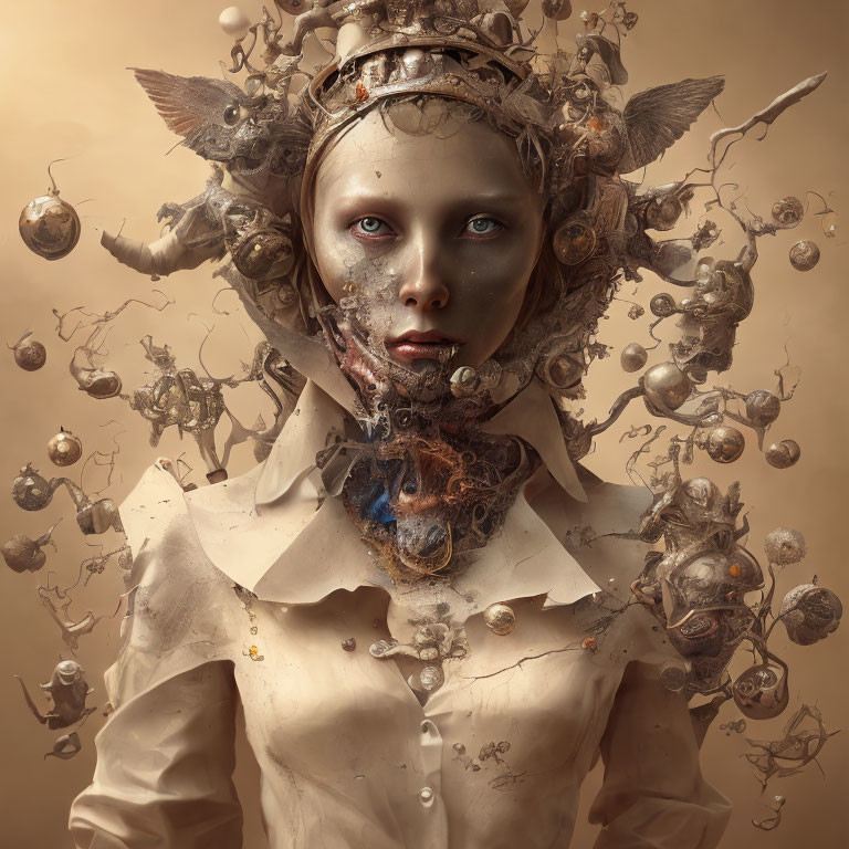 Surreal humanoid portrait with metallic orbs in warm monochrome palette