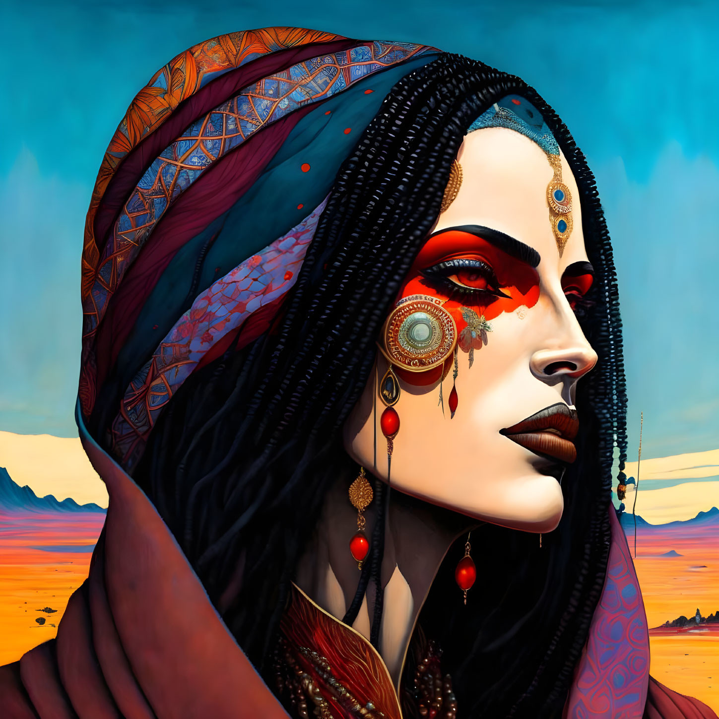 Detailed traditional jewelry and makeup on a woman in a vivid desert setting