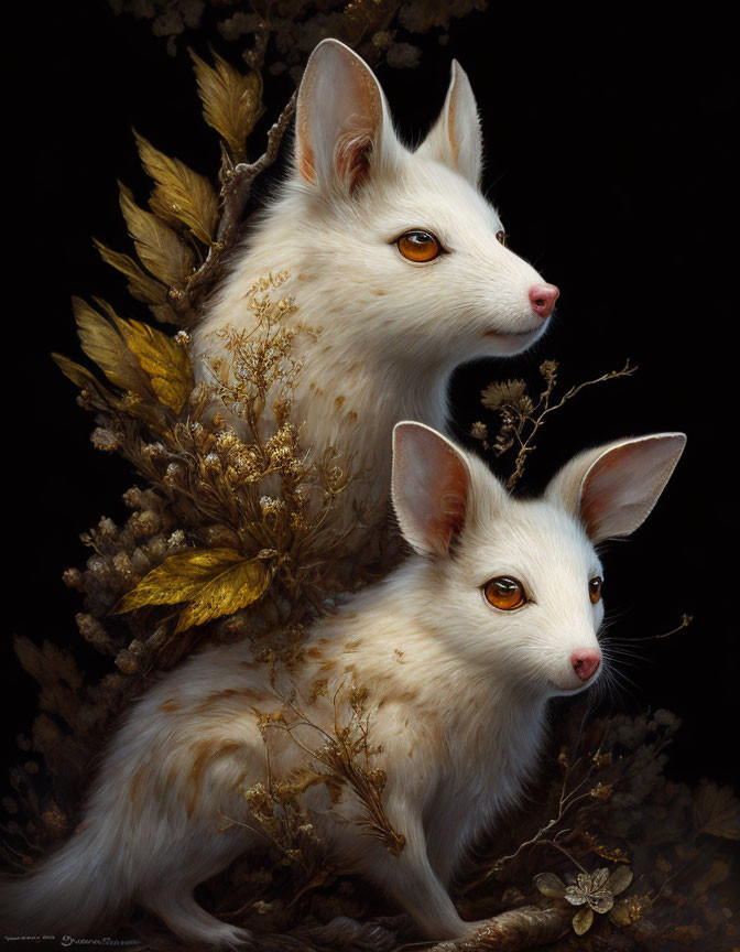 White Foxes with Golden Eyes in Autumnal Foliage on Dark Background