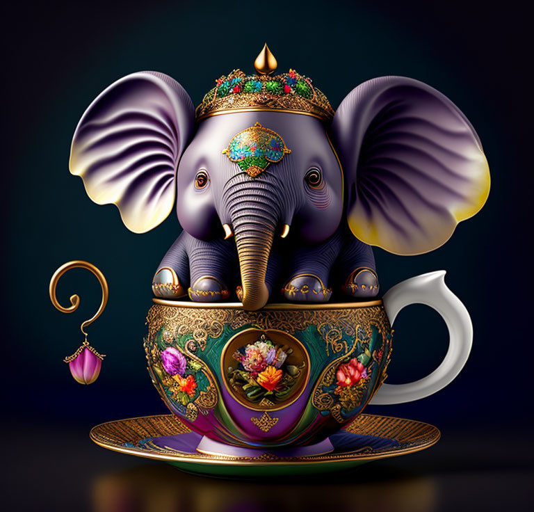 Elephant-themed teapot with jewel and floral motifs on saucer & lantern.