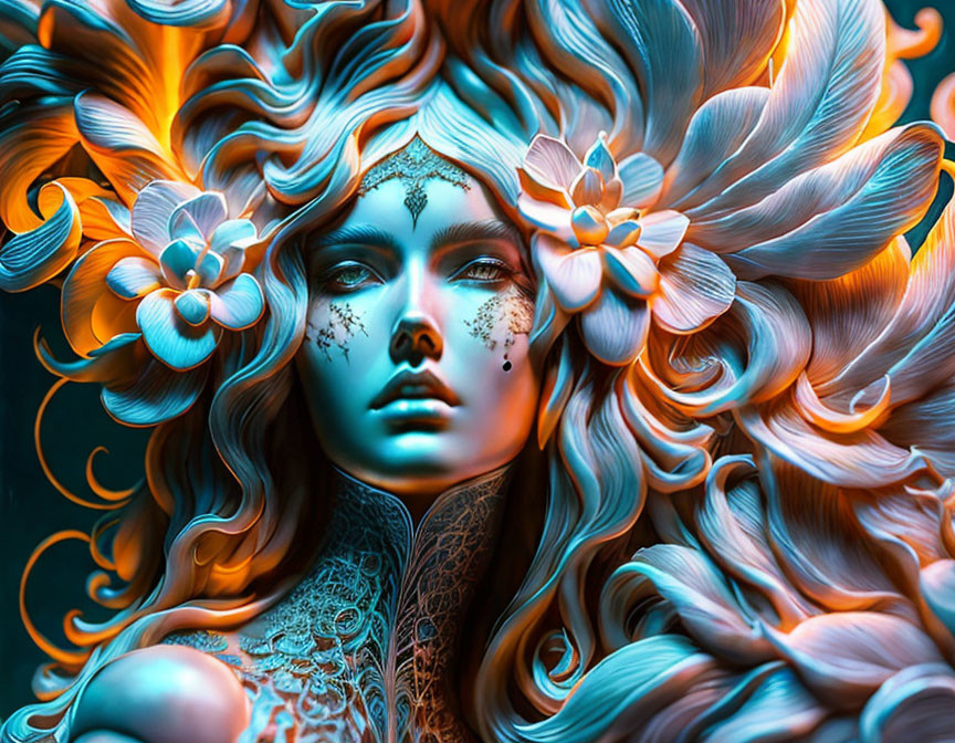 Colorful digital artwork: teal-skinned woman with ornate tattoos and orange hair adorned with white flowers