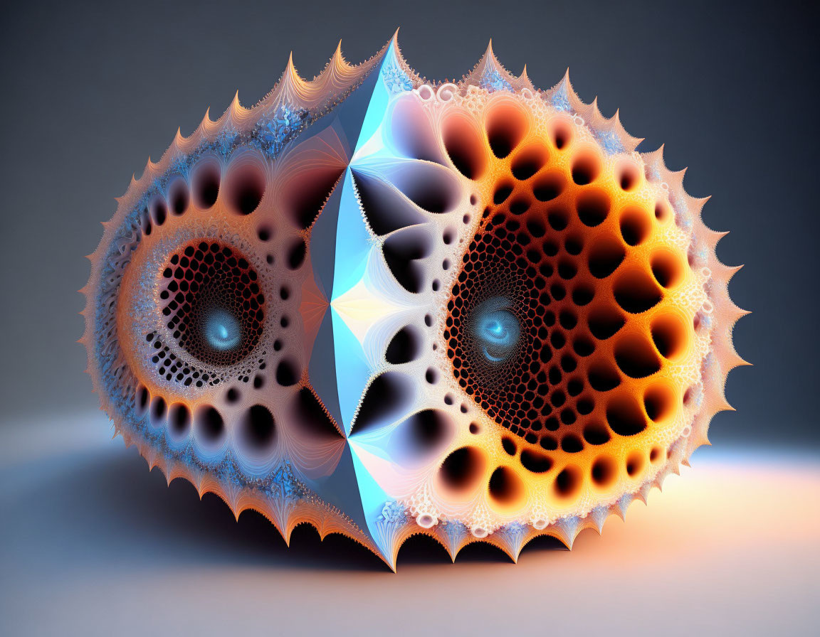 Intricate 3D digital fractal art with smooth and spiky textures in orange,