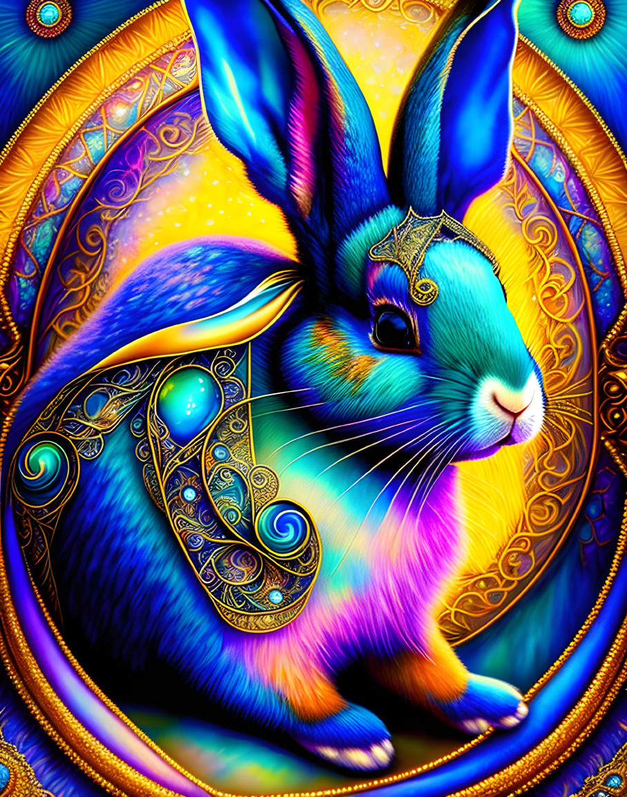 Colorful Rabbit Illustration with Jeweled Patterns on Golden Background