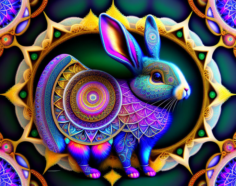 Colorful digital artwork: Rabbit with fractal patterns on kaleidoscopic background