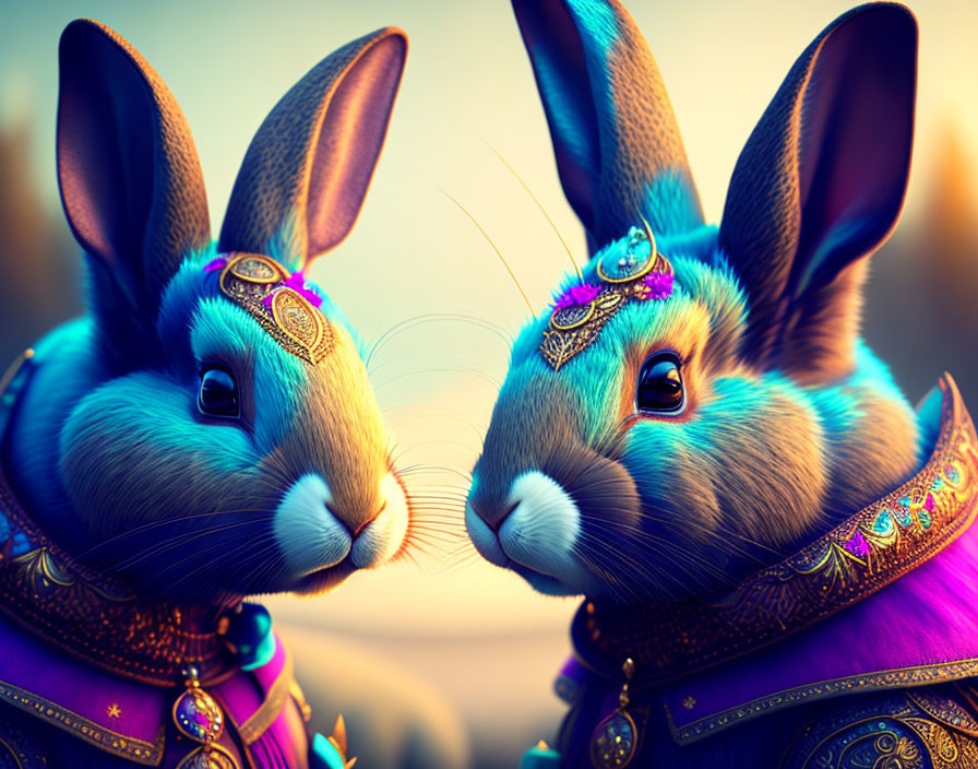 Ornately adorned rabbits with intricate jewelry in warm colors