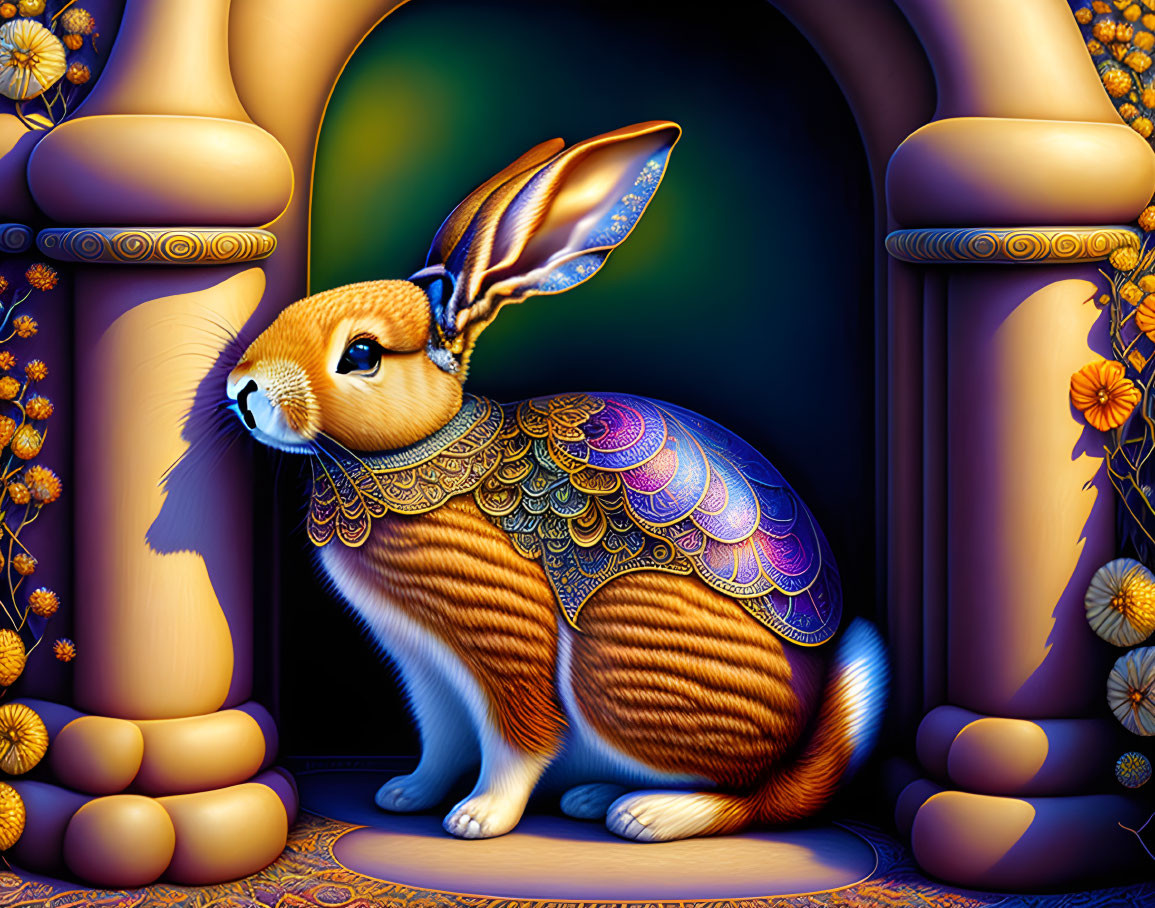 Colorful Shell-Patterned Brown Rabbit Near Stone Pillars