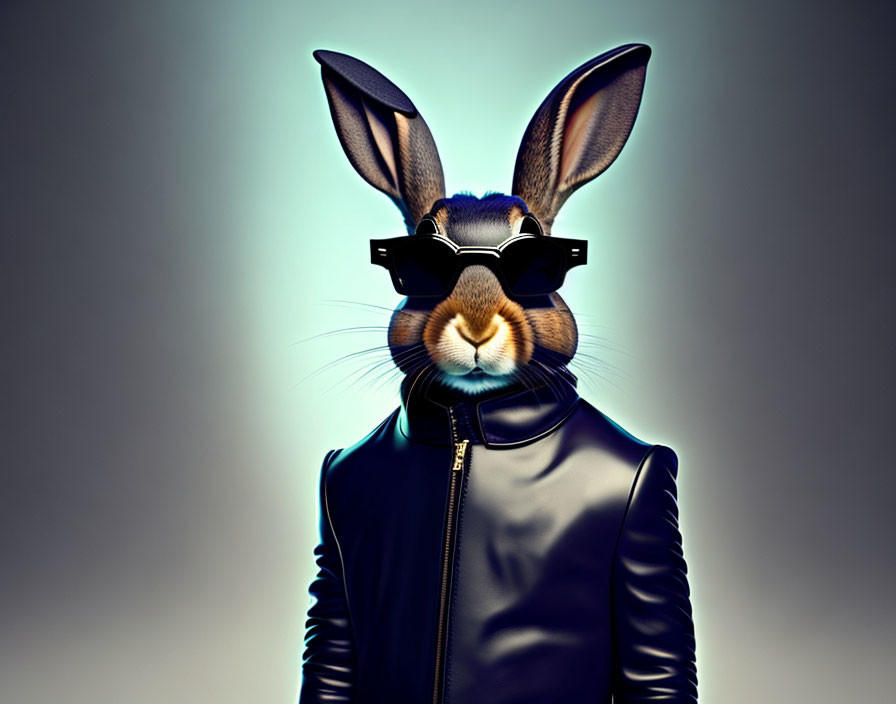 Stylized rabbit head with human-like features in sunglasses and leather jacket on grey background