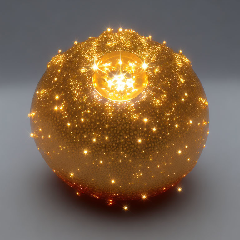 Golden Glowing Sphere with Sparkling Core on Gray Background