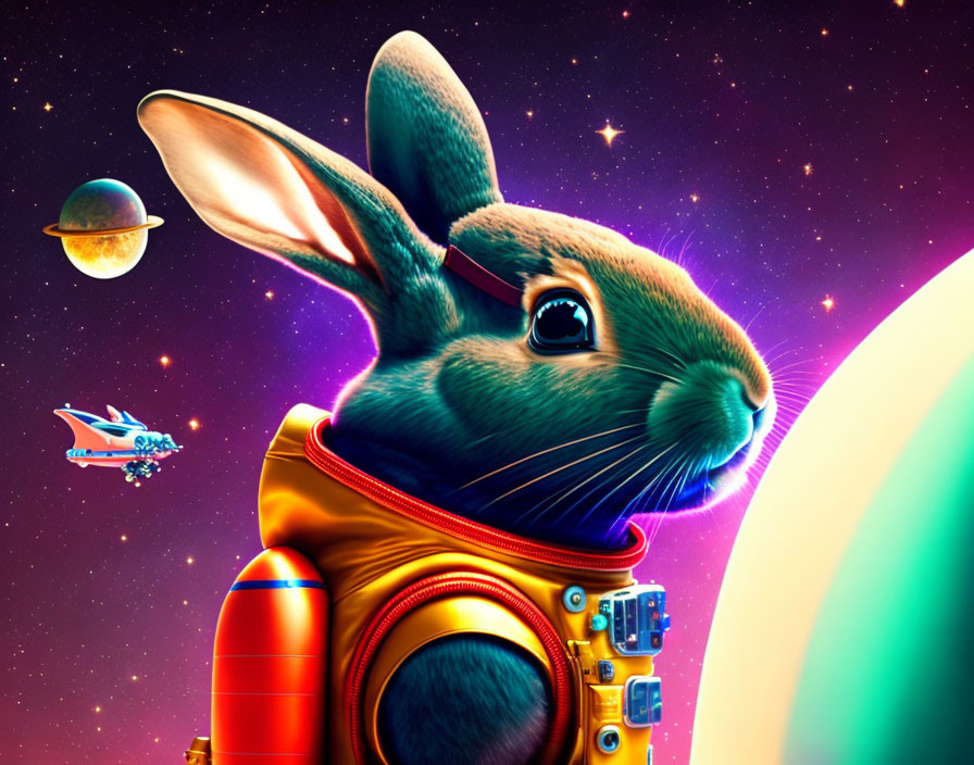 Colorful Astronaut Rabbit in Spacesuit with Cosmic Background