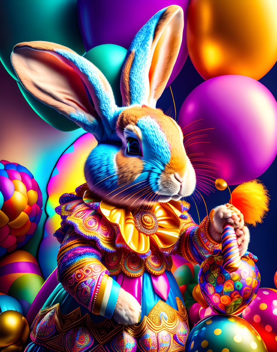 Vibrant anthropomorphic rabbit in elaborate costume with shiny balloons