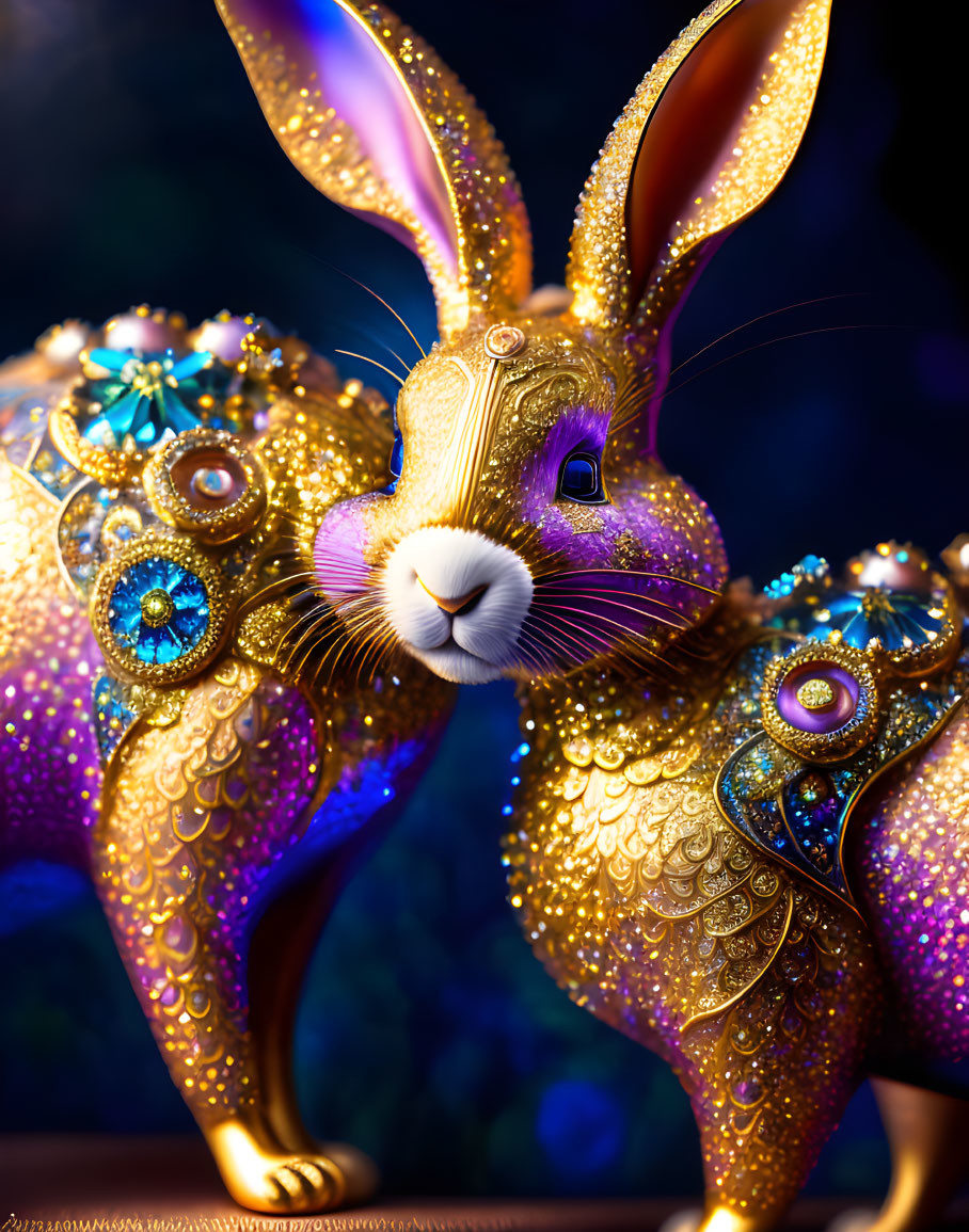 Golden rabbit with jewel embellishments on blue background