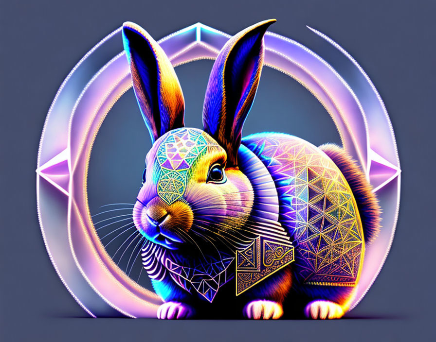 Colorful digital rabbit art with geometric patterns on neon backdrop