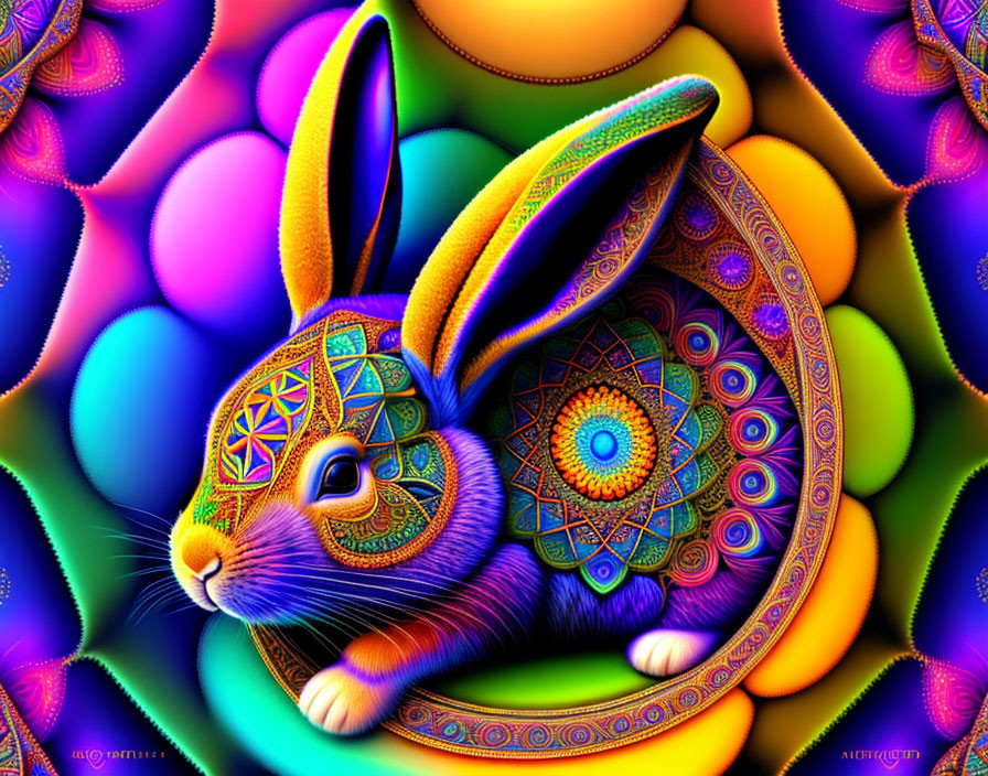 Colorful Digital Artwork: Rabbit with Psychedelic Patterns on Geometric Background