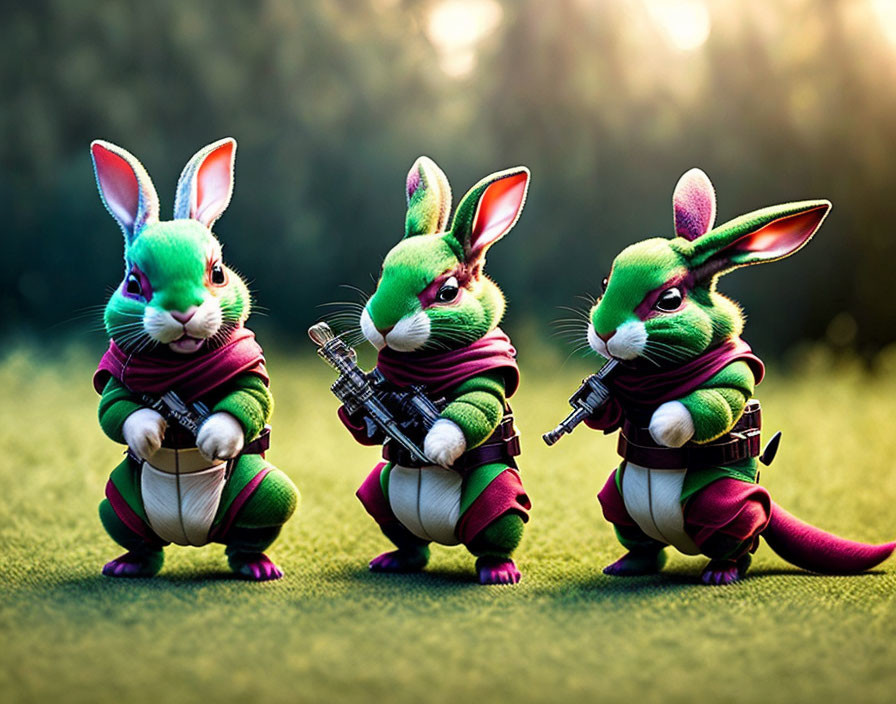 Anthropomorphic ninja rabbits with weapons in sunny clearing