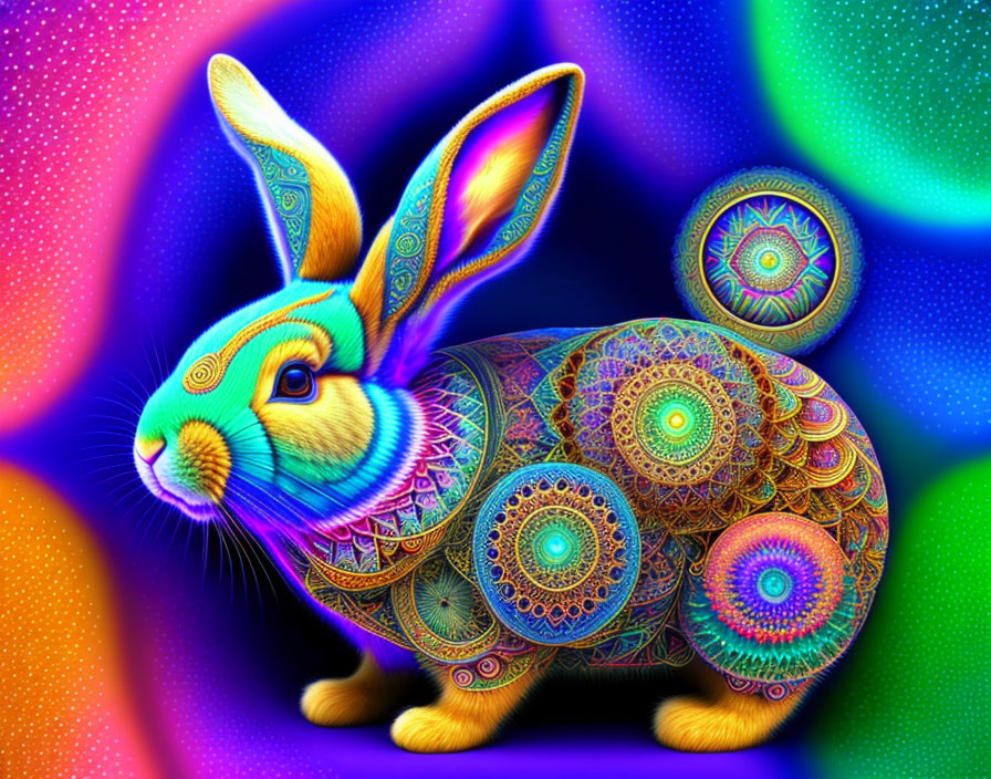 Colorful Psychedelic Rabbit Illustration with Vibrant Patterns