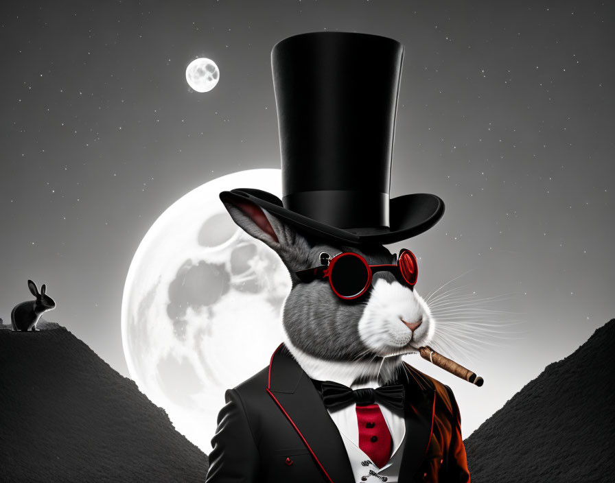 Rabbit in Suit and Top Hat Smoking Cigar on Moonlit Hill