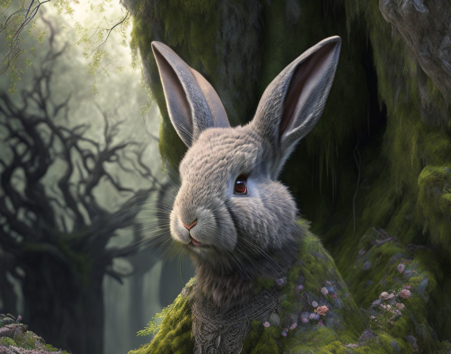 Detailed Illustration: Large Grey Rabbit in Mystical Forest