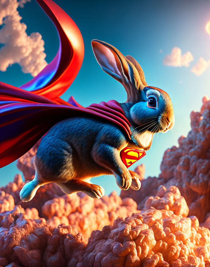 Red-caped superhero rabbit soaring in fluffy orange cloud-filled sky