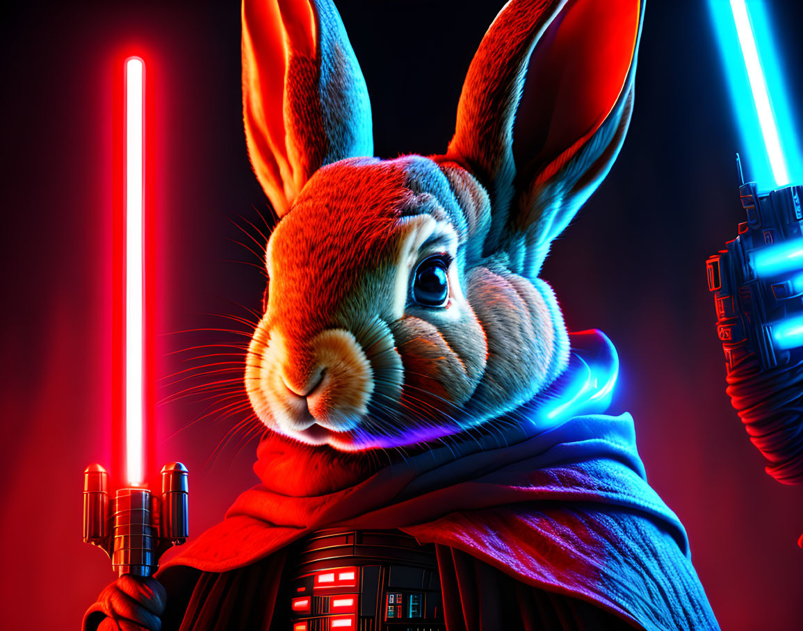 Rabbit in cloak wields red lightsaber next to robotic hand with blue lightsaber on red background